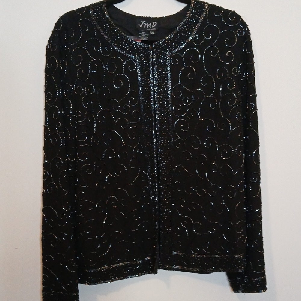 Vintage JMD New York Black Handmade Gun Metal Beaded Jacket Size XL